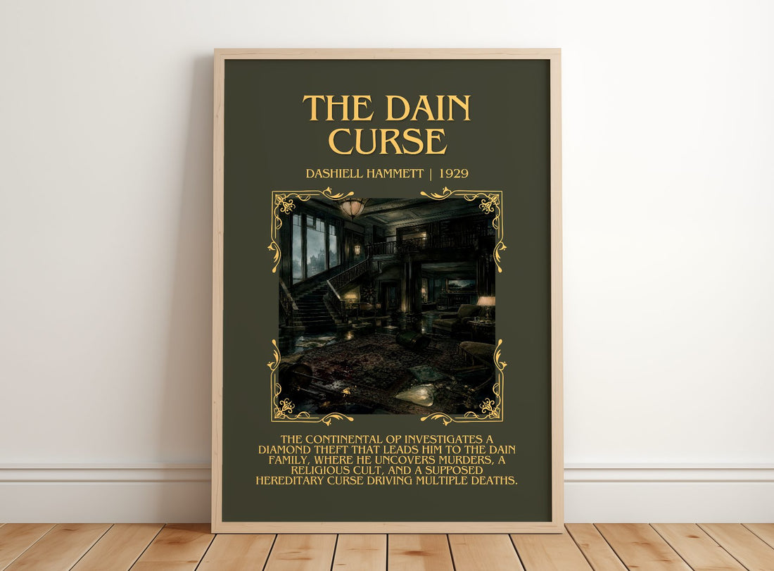 The Dain Curse Minimalist Book Poster by Dashiell Hammett – framed print leaning on a wooden floor