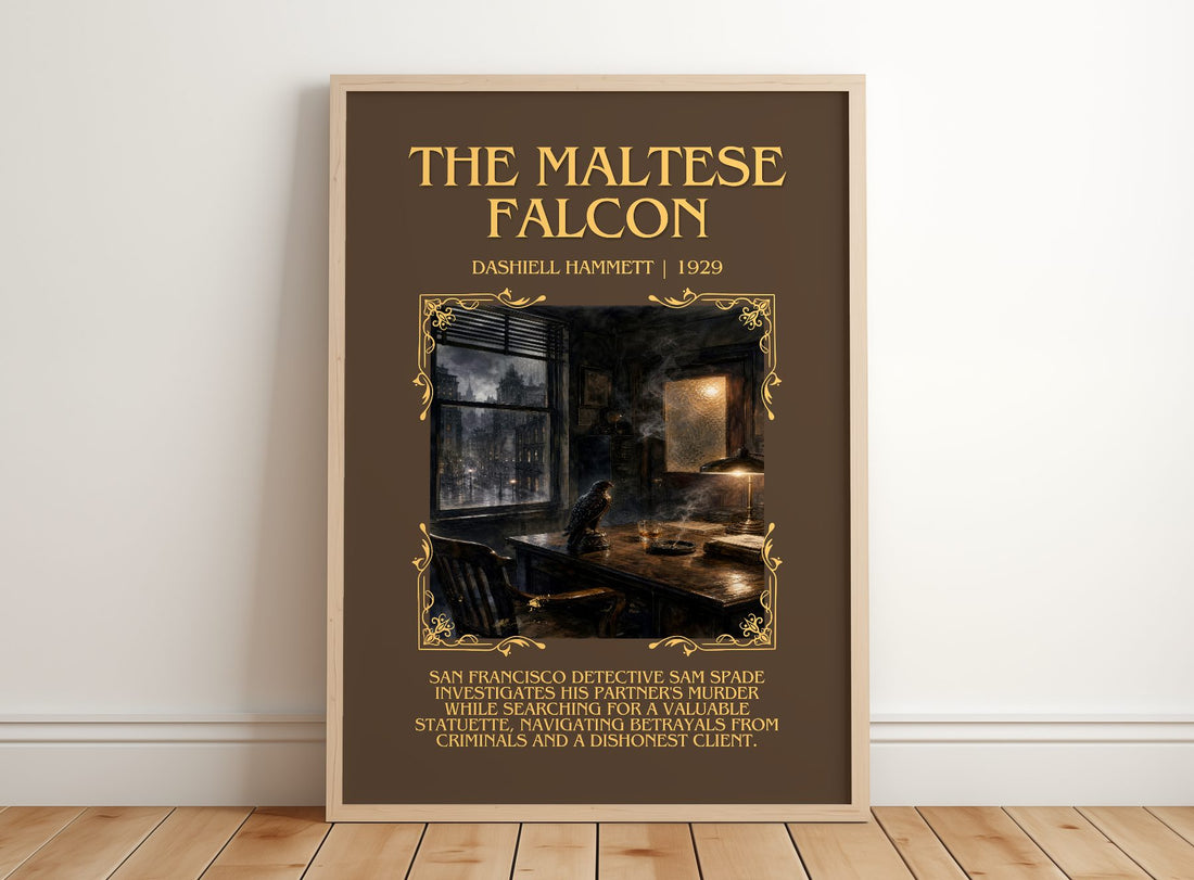 The Maltese Falcon Minimalist Book Poster by Dashiell Hammett – framed print leaning on a wooden floor