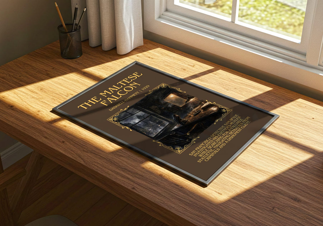 The Maltese Falcon Minimalist Book Poster by Dashiell Hammett – print on a sunlit desk