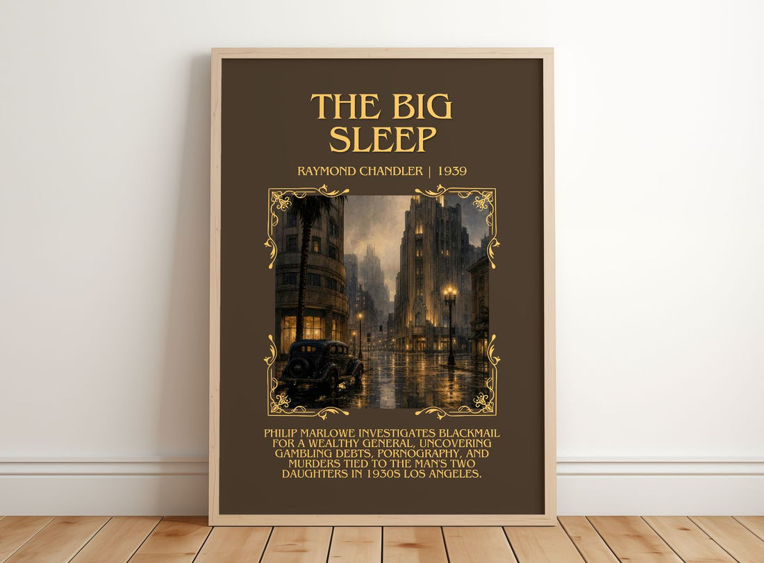 The Big Sleep Minimalist Book Poster by Raymond Chandler – framed print leaning on a wooden floor