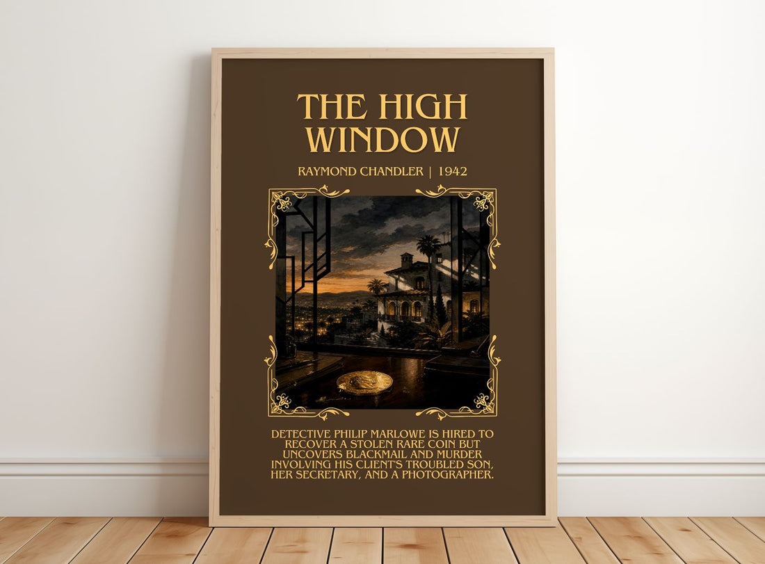 The High Window Minimalist Book Poster by Raymond Chandler – framed print leaning on a wooden floor