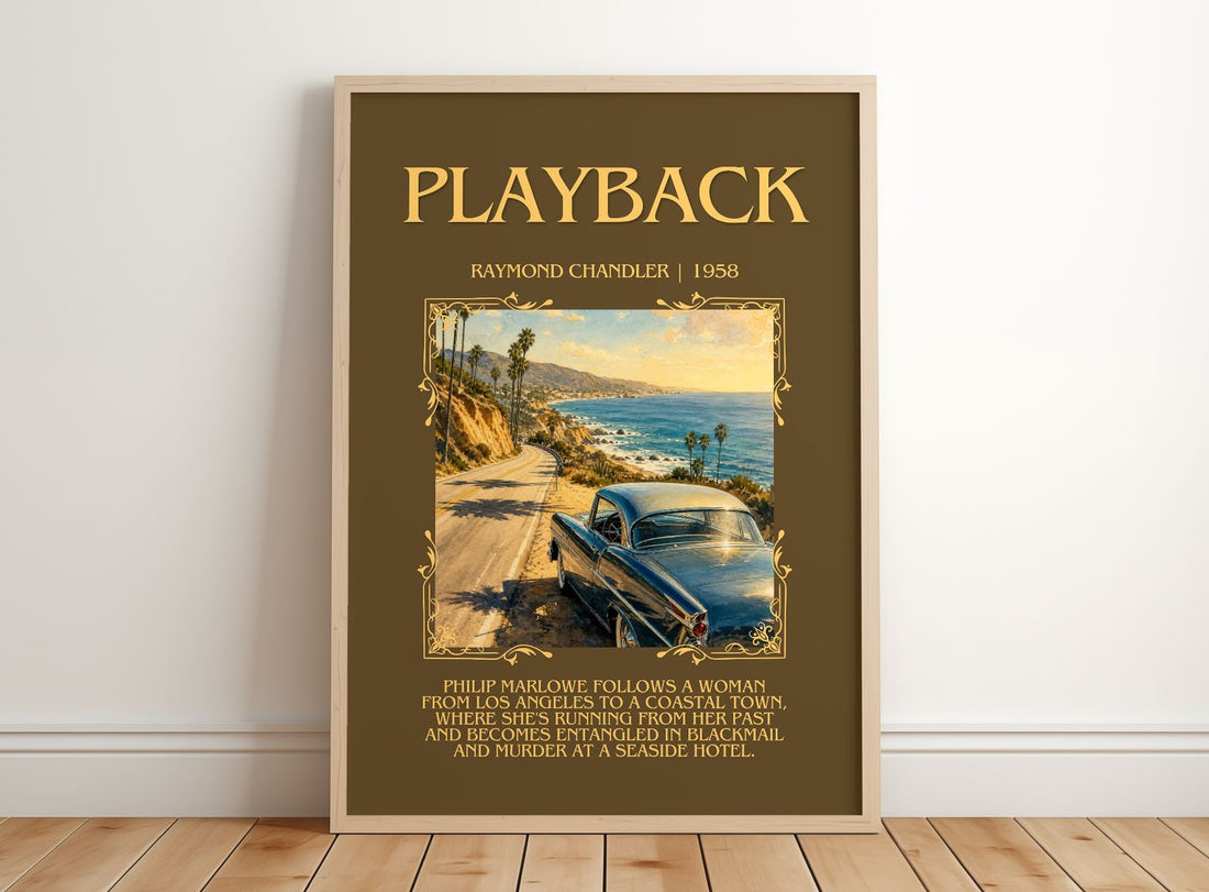 Playback Minimalist Book Poster by Raymond Chandler – framed print leaning on a wooden floor