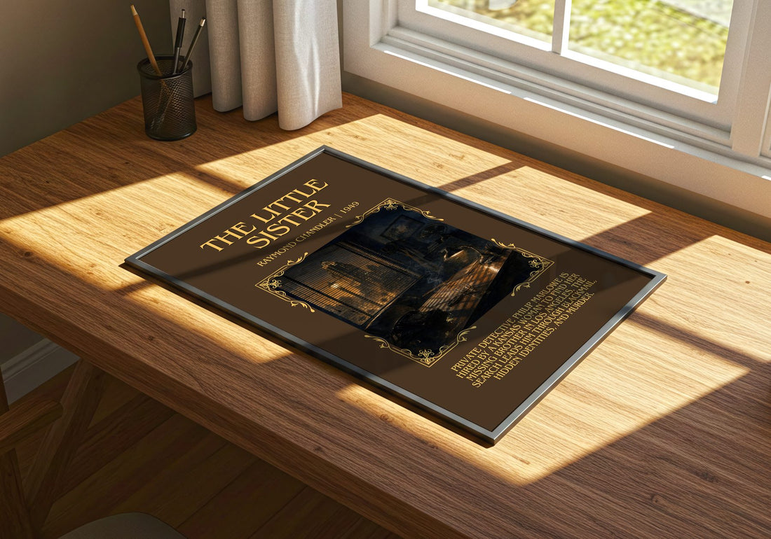 The Little Sister Minimalist Book Poster by Raymond Chandler – print on a sunlit desk