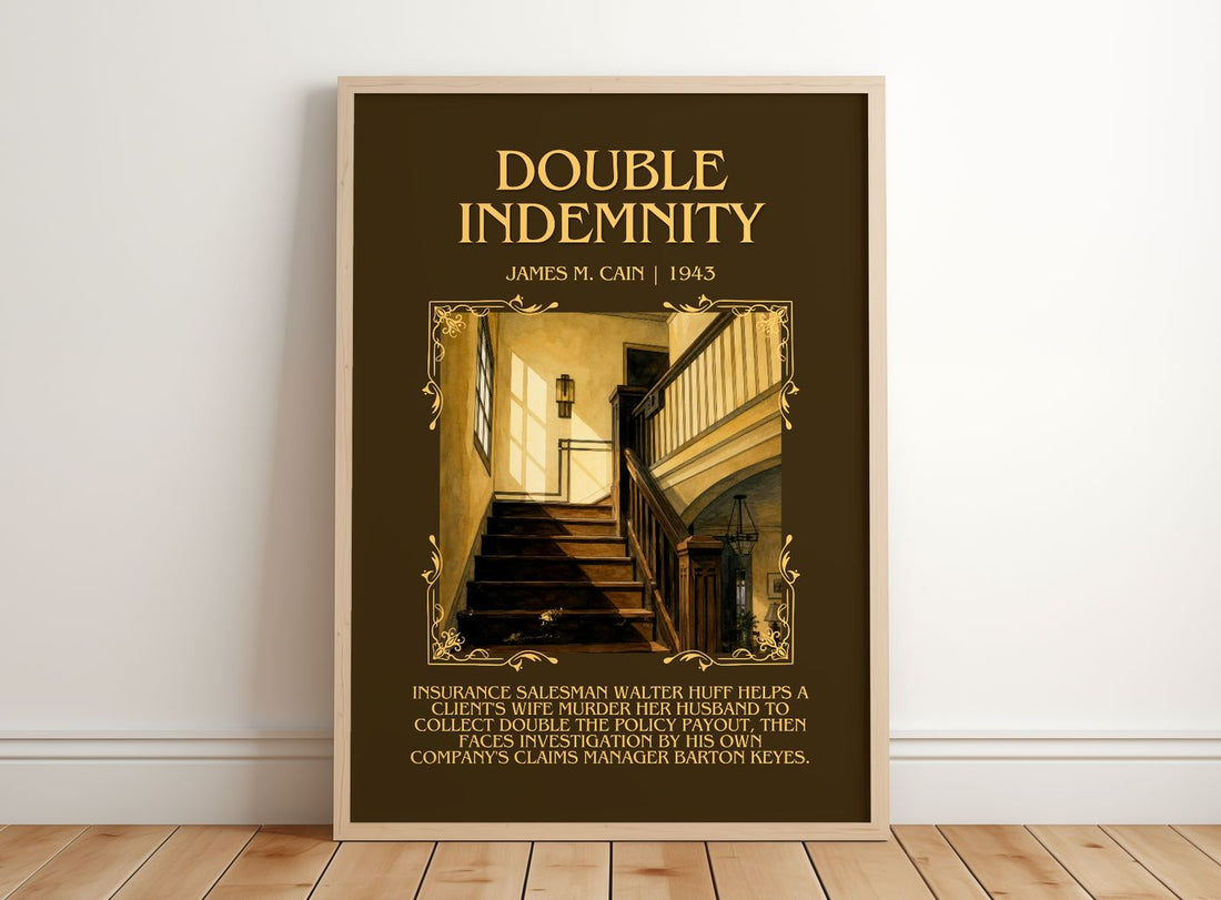 Double Indemnity Minimalist Book Poster by James M. Cain – framed print leaning on a wooden floor