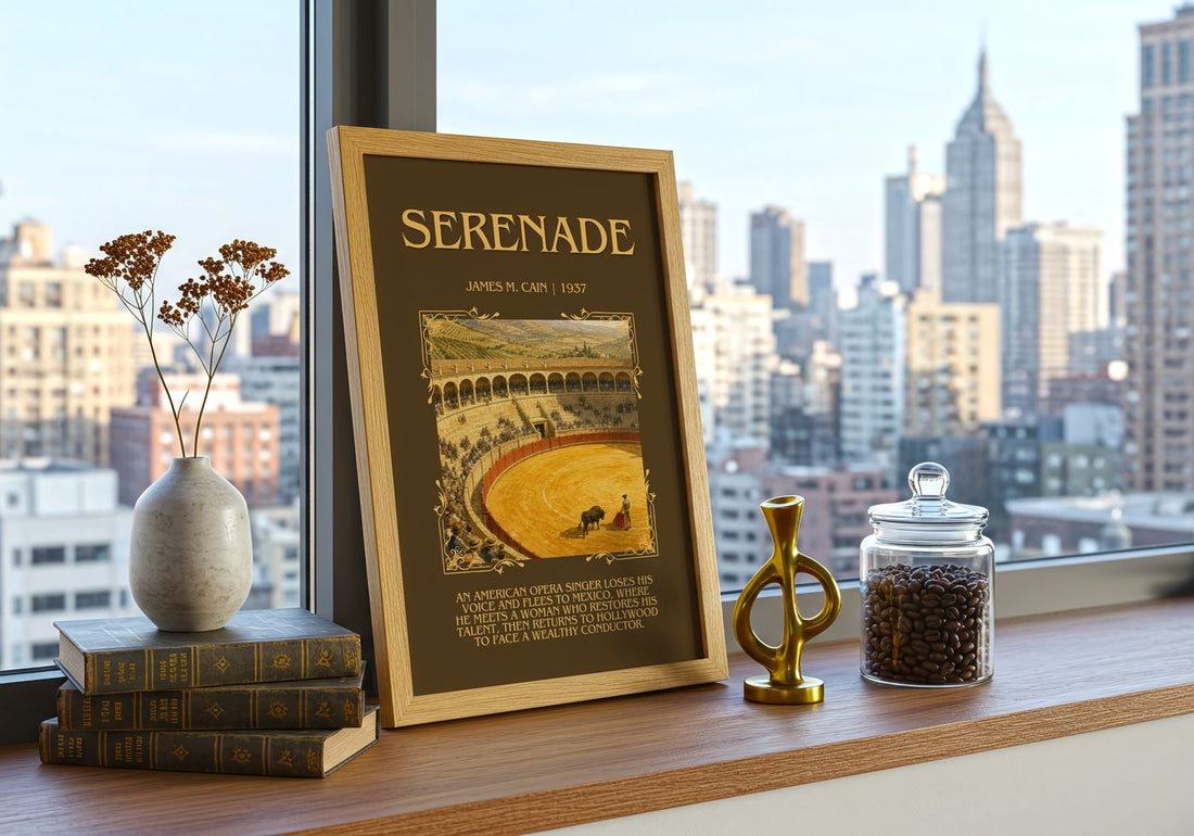 Serenade Minimalist Book Poster by James M. Cain – framed print on a city-view windowsill