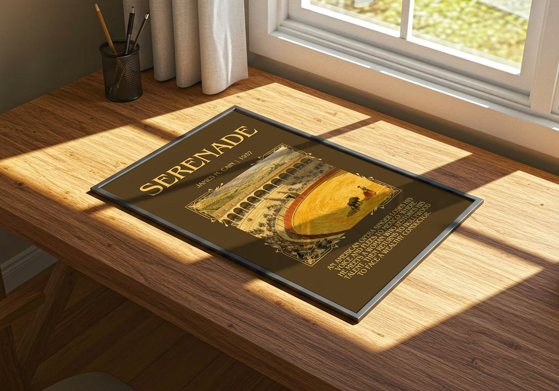 Serenade Minimalist Book Poster by James M. Cain – print on a sunlit desk