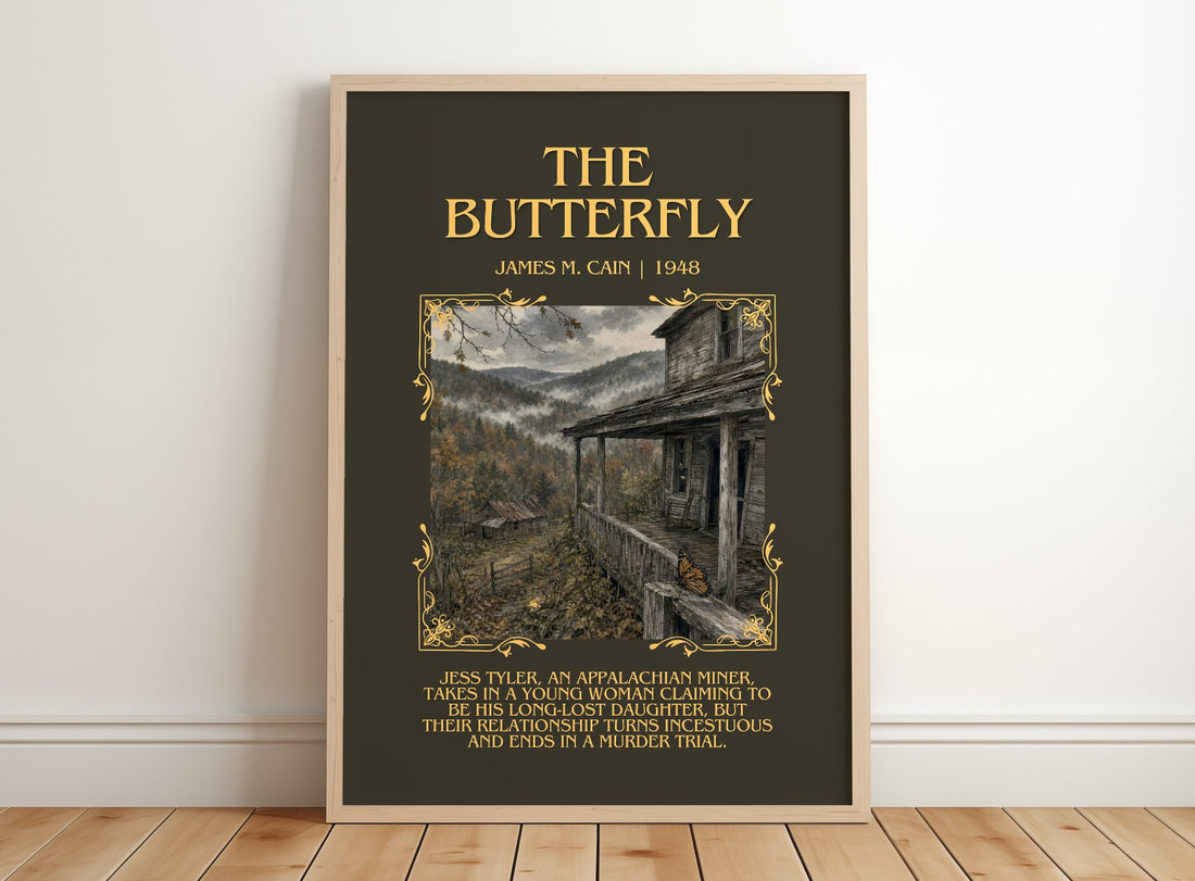 The Butterfly Minimalist Book Poster by James M. Cain – framed print leaning on a wooden floor