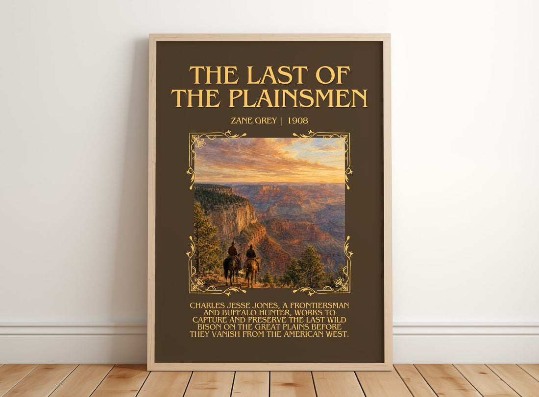 The Last of the Plainsmen Minimalist Book Poster by Zane Grey – framed print leaning on a wooden floor