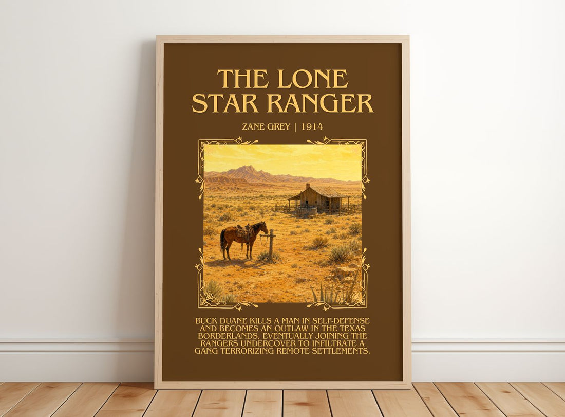 The Lone Star Ranger Minimalist Book Poster by Zane Grey – framed print leaning on a wooden floor