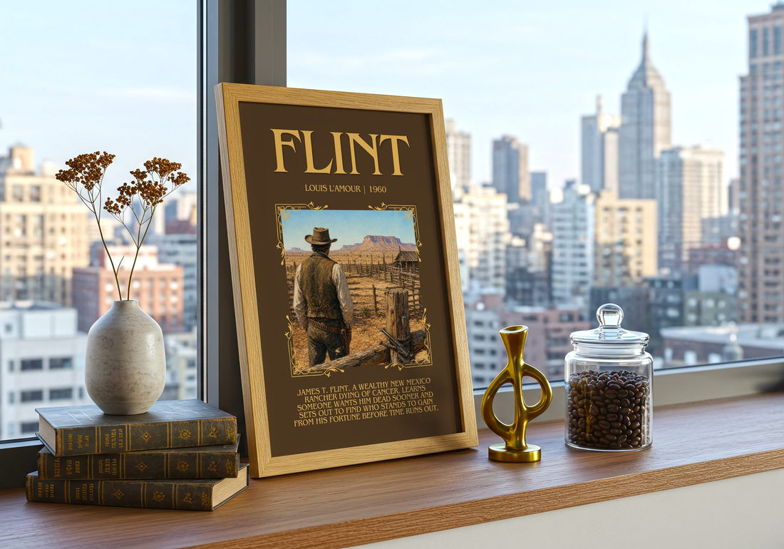 Flint Minimalist Book Poster by Louis L'Amour – framed print on a city-view windowsill
