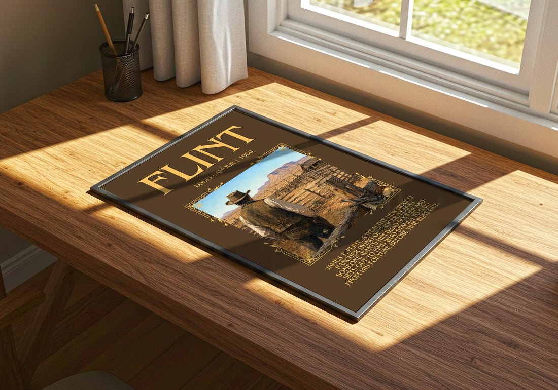 Flint Minimalist Book Poster by Louis L'Amour – print on a sunlit desk