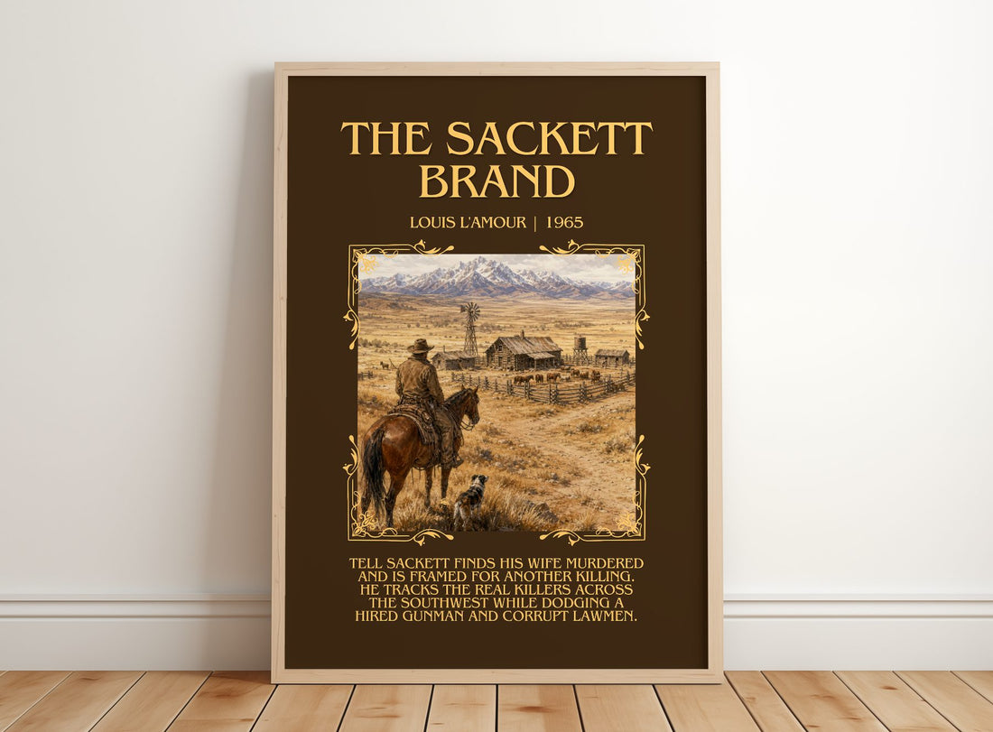 The Sackett Brand Minimalist Book Poster by Louis L'Amour – framed print leaning on a wooden floor