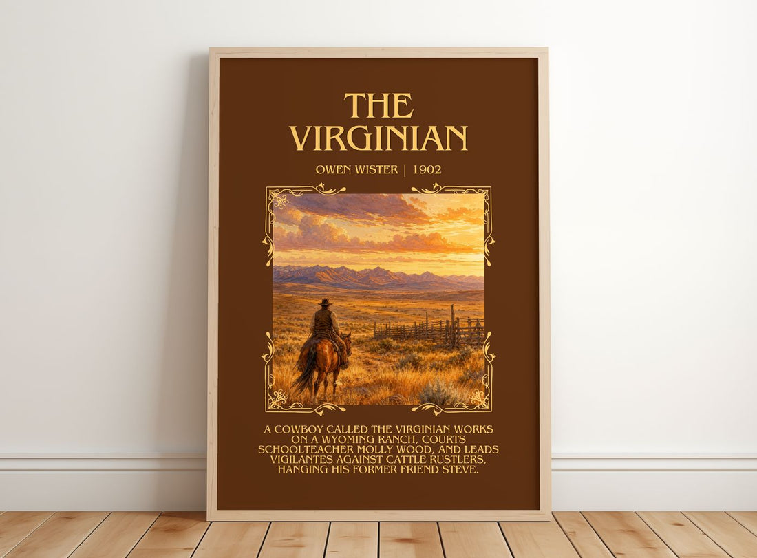 The Virginian Minimalist Book Poster by Owen Wister – framed print leaning on a wooden floor