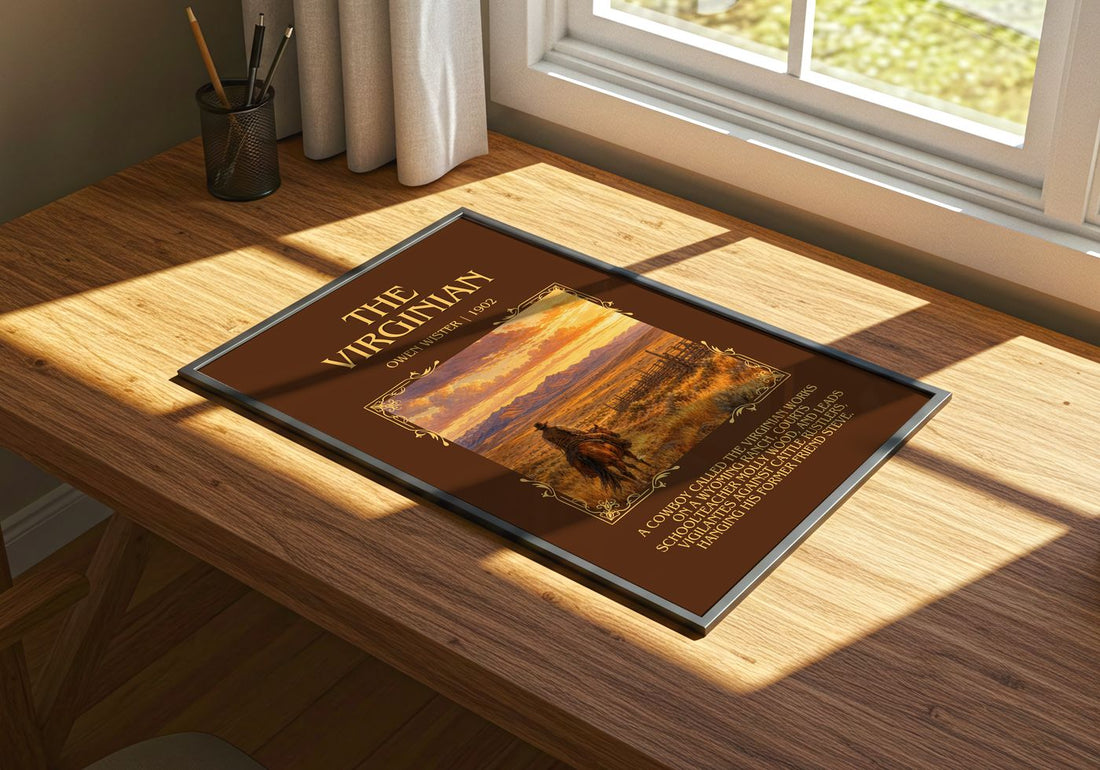 The Virginian Minimalist Book Poster by Owen Wister – print on a sunlit desk