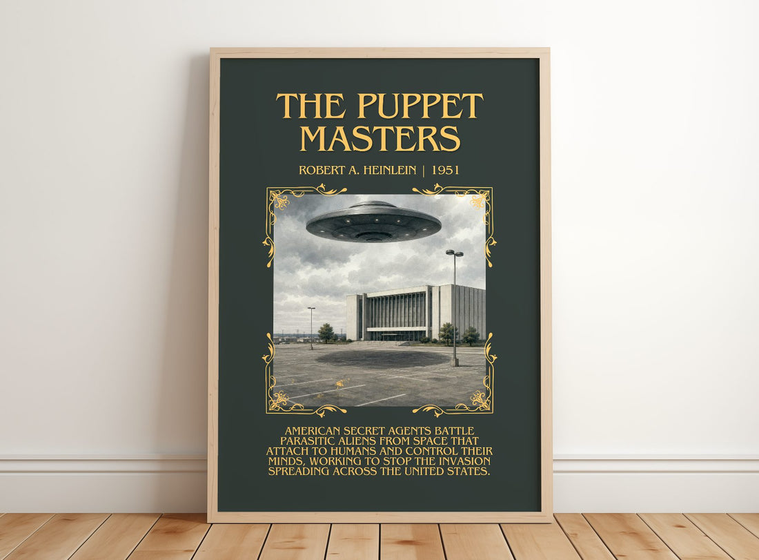The Puppet Masters Minimalist Book Poster by Robert A. Heinlein – framed print leaning on a wooden floor