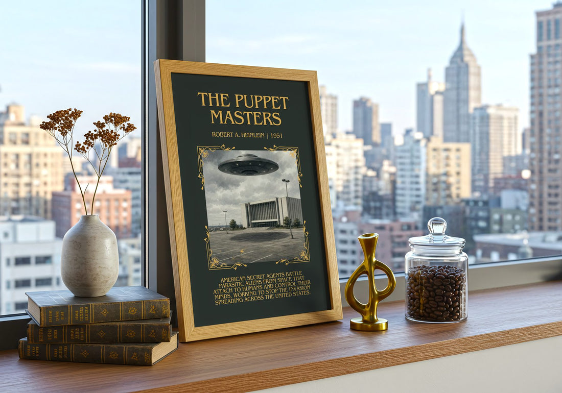 The Puppet Masters Minimalist Book Poster by Robert A. Heinlein – framed print on a city-view windowsill
