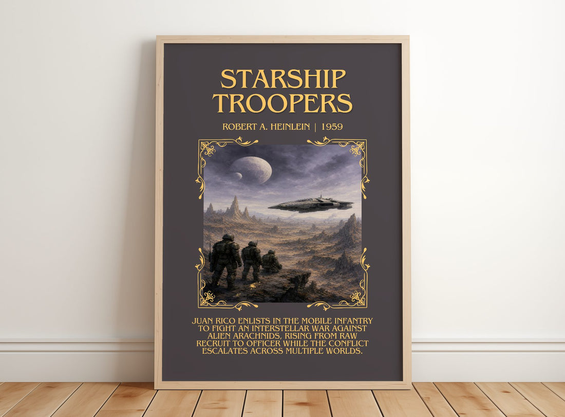 Starship Troopers Minimalist Book Poster by Robert A. Heinlein – framed print leaning on a wooden floor