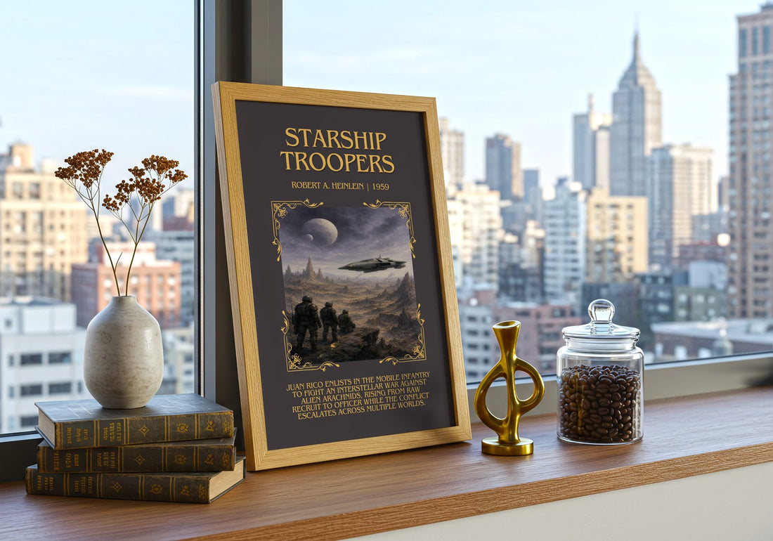 Starship Troopers Minimalist Book Poster by Robert A. Heinlein – framed print on a city-view windowsill