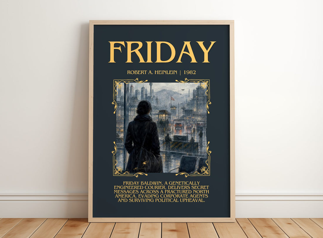 Friday Minimalist Book Poster by Robert A. Heinlein – framed print leaning on a wooden floor
