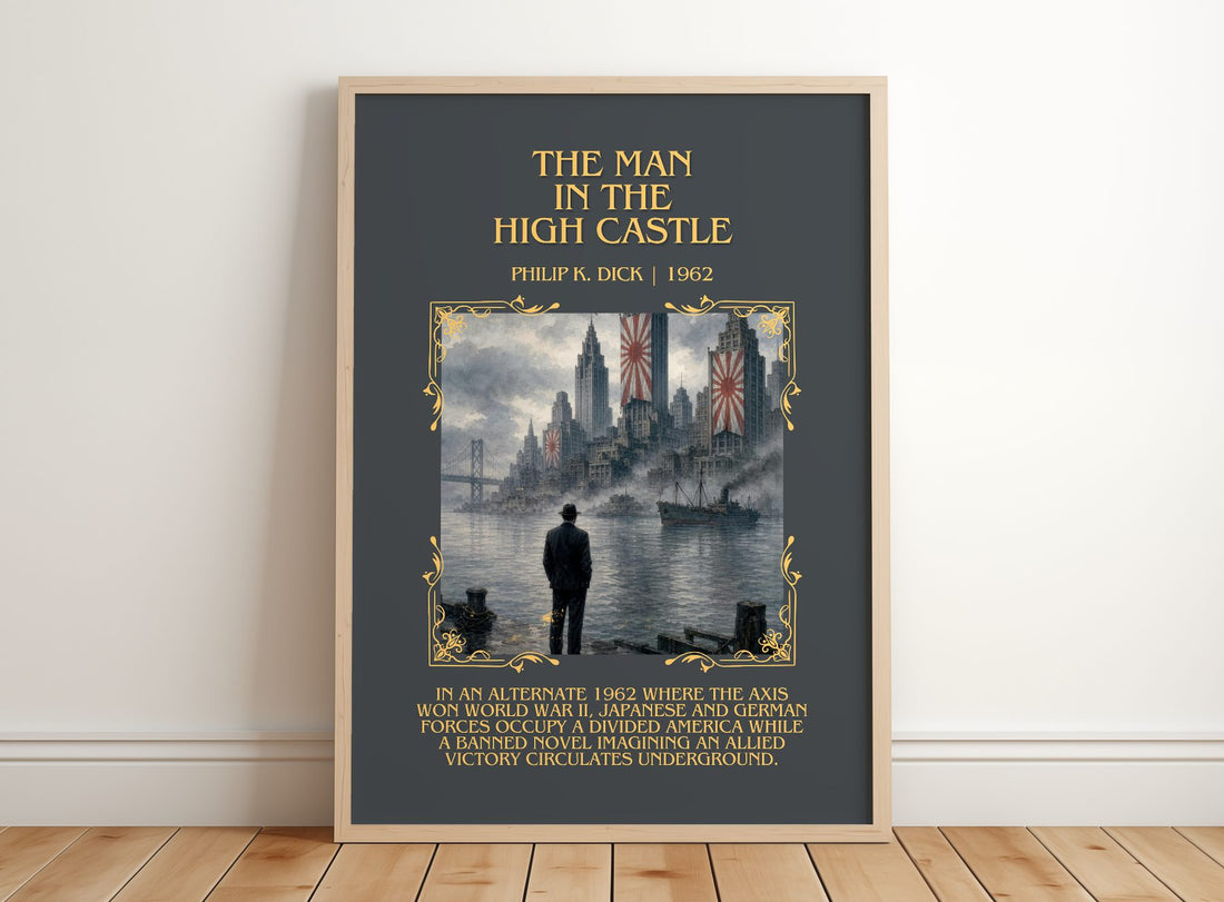 The Man in the High Castle Minimalist Book Poster by Philip K. Dick – framed print leaning on a wooden floor