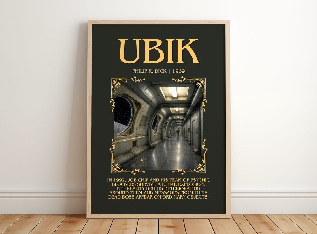 Ubik Minimalist Book Poster by Philip K. Dick – framed print leaning on a wooden floor