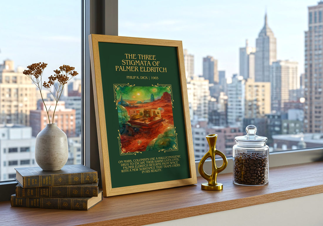 Three Stigmata of Palmer Eldritch Minimalist Book Poster by P. Dick – framed print on a city-view windowsill
