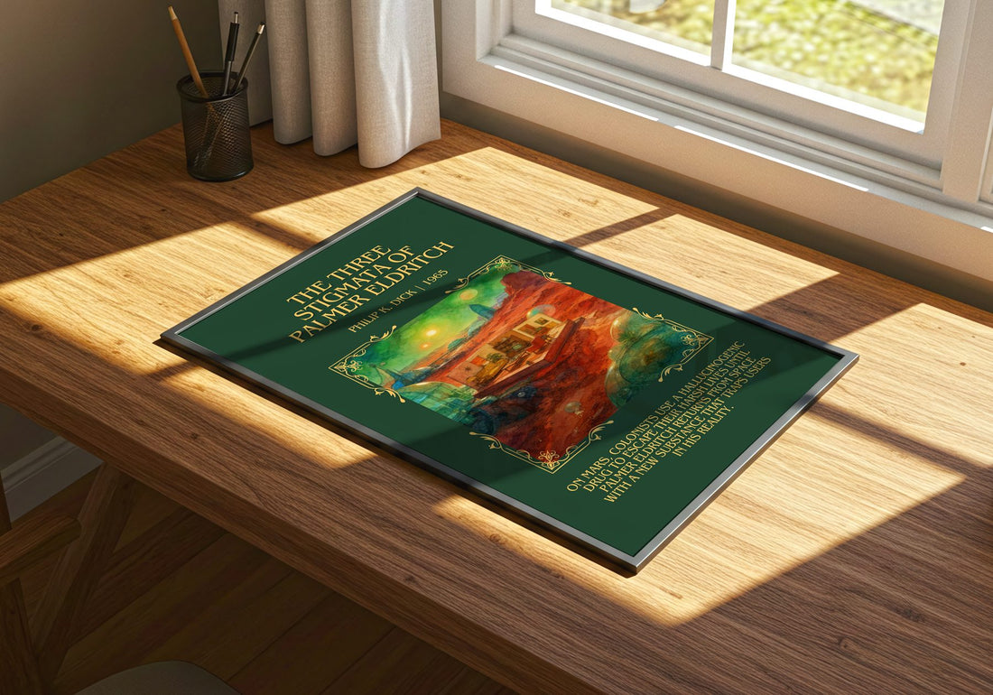 Three Stigmata of Palmer Eldritch Minimalist Book Poster by P. Dick – print on a sunlit desk
