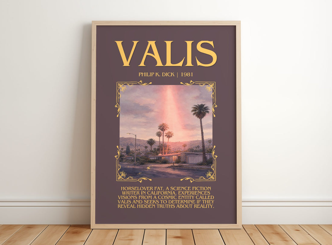 VALIS Minimalist Book Poster by Philip K. Dick – framed print leaning on a wooden floor
