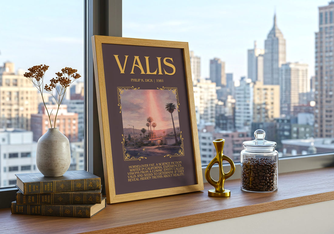 VALIS Minimalist Book Poster by Philip K. Dick – framed print on a city-view windowsill