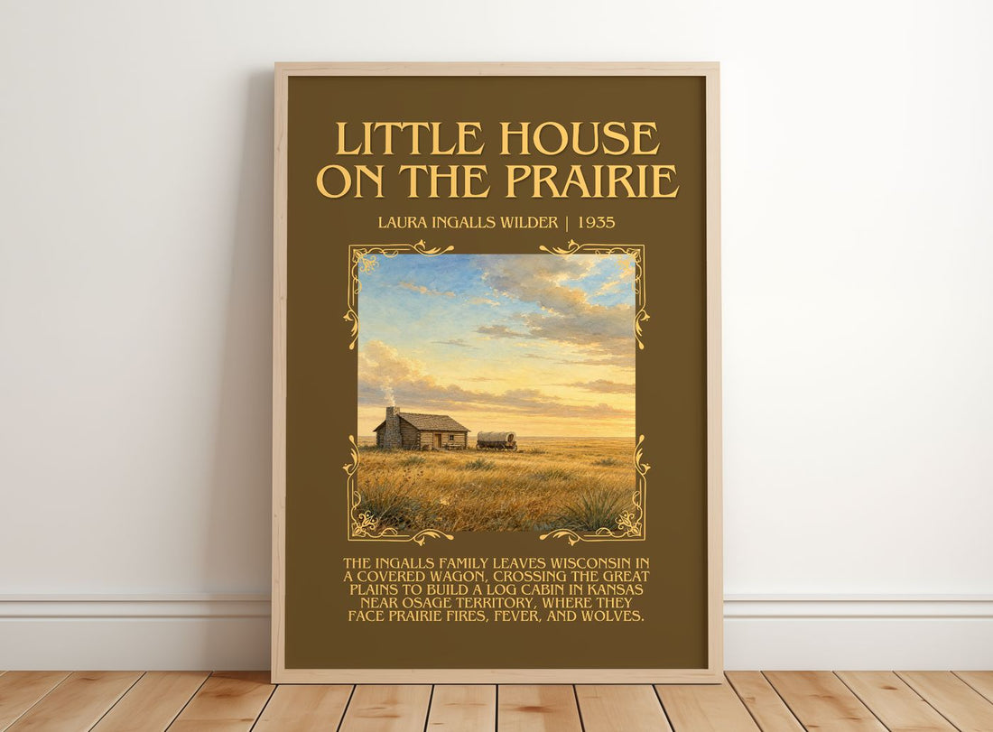 Little House on the Prairie Minimalist Book Poster by L. Wilder – framed print leaning on a wooden floor