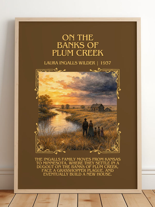 On the Banks of Plum Creek Minimalist Book Poster by L. Wilder – framed print leaning on a wooden floor