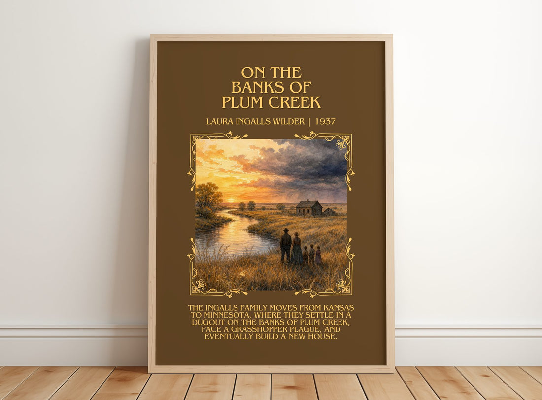 On the Banks of Plum Creek Minimalist Book Poster by L. Wilder – framed print leaning on a wooden floor
