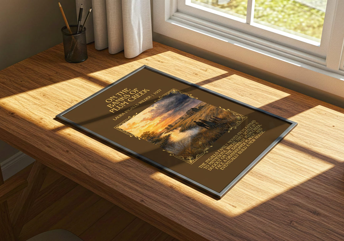 On the Banks of Plum Creek Minimalist Book Poster by L. Wilder – print on a sunlit desk