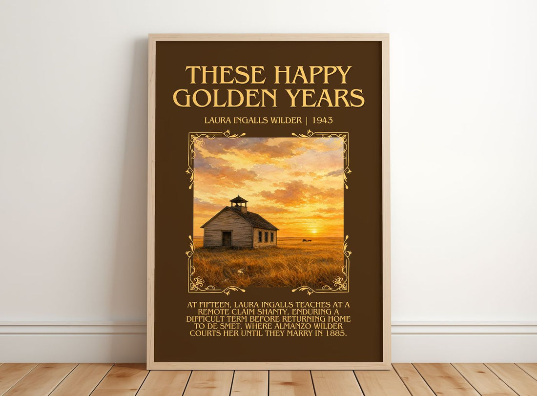 These Happy Golden Years Minimalist Book Poster by L. Wilder – framed print leaning on a wooden floor