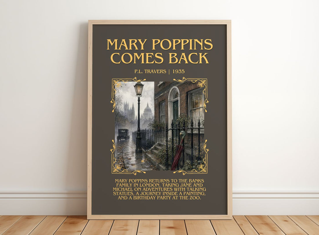 Mary Poppins Comes Back Minimalist Book Poster by P.L. Travers – framed print leaning on a wooden floor