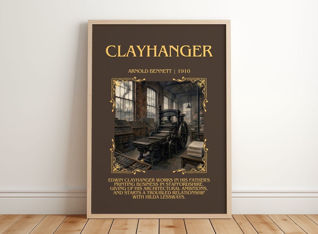 Clayhanger Minimalist Book Poster by Arnold Bennett – framed print leaning on a wooden floor