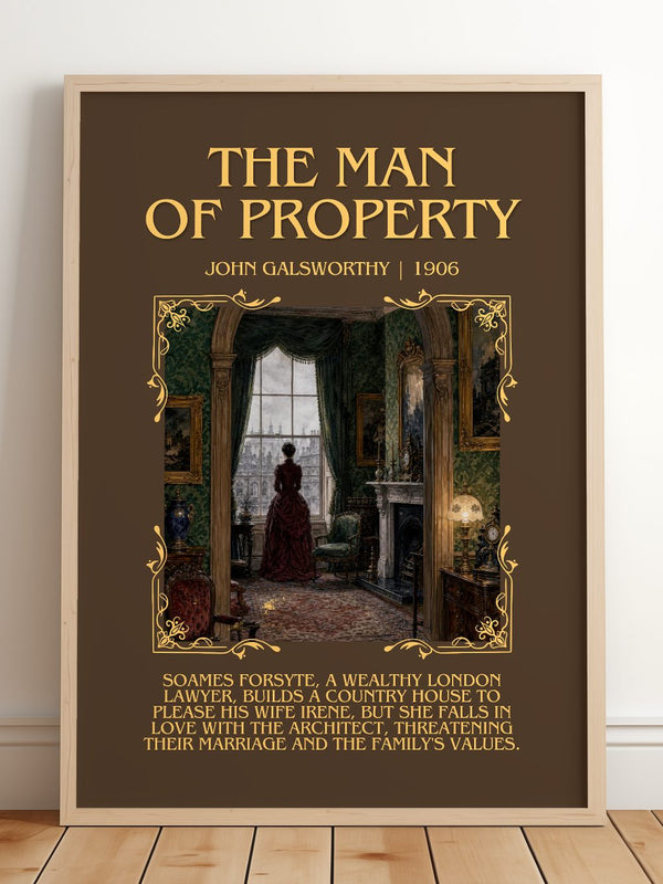 The Man of Property Minimalist Book Poster by John Galsworthy – framed print leaning on a wooden floor