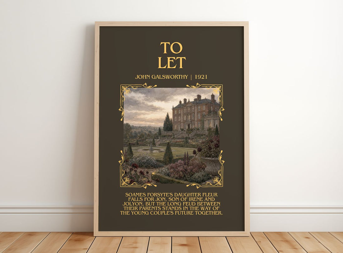 To Let Minimalist Book Poster by John Galsworthy – framed print leaning on a wooden floor