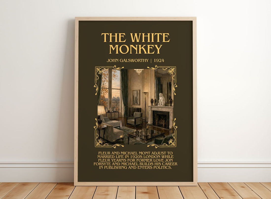 The White Monkey Minimalist Book Poster by John Galsworthy – framed print leaning on a wooden floor