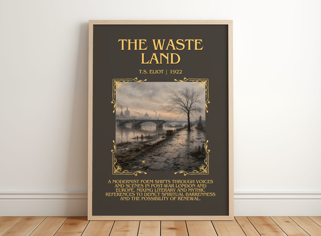 The Waste Land Minimalist Book Poster by T.S. Eliot – framed print leaning on a wooden floor