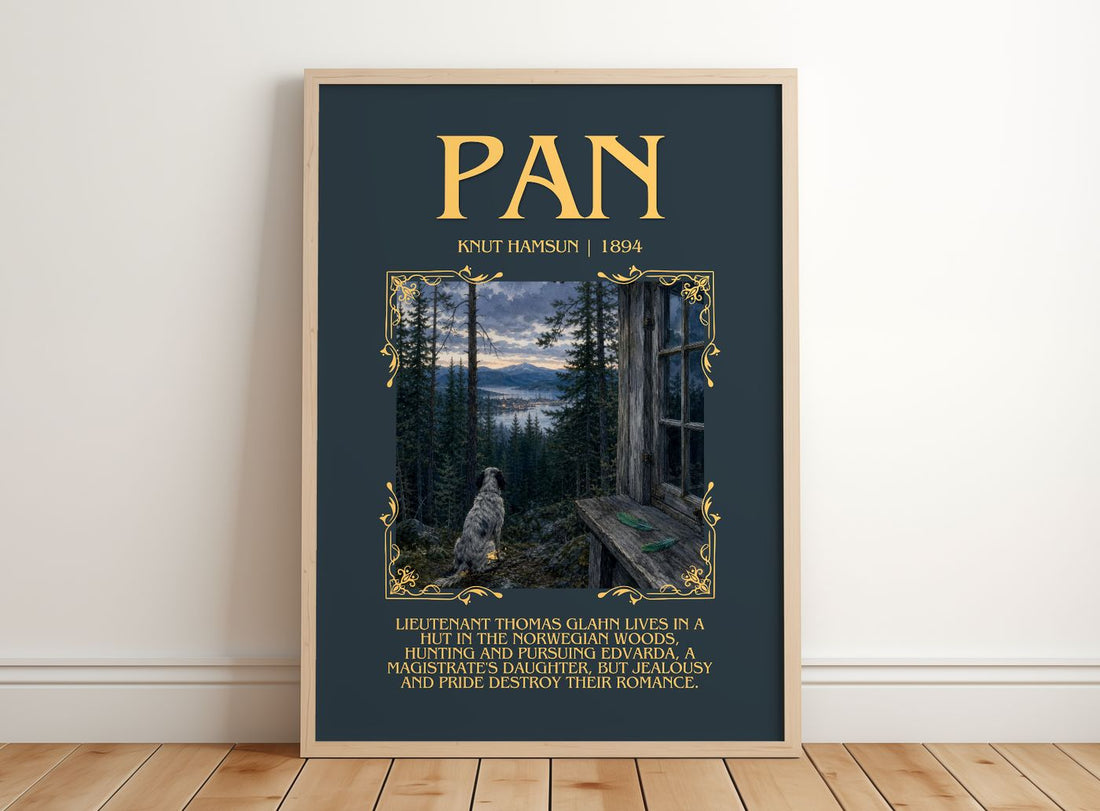 Pan Minimalist Book Poster by Knut Hamsun – framed print leaning on a wooden floor