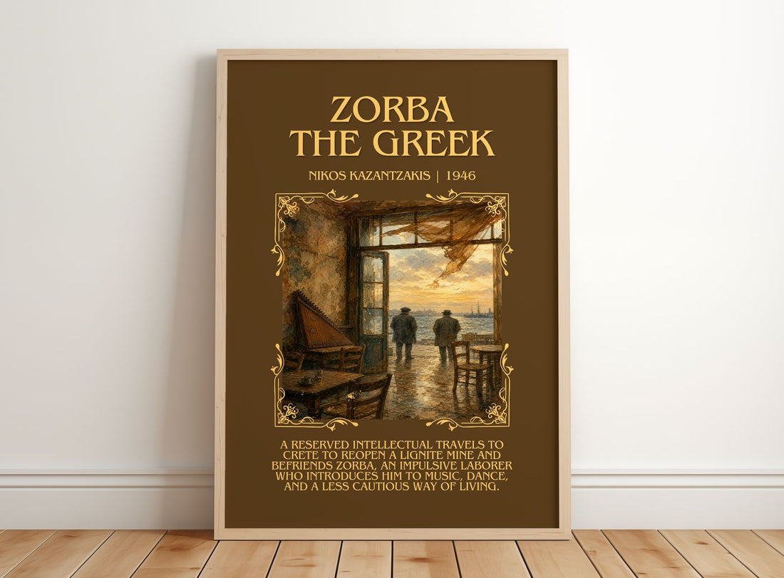 Zorba the Greek Minimalist Book Poster by Nikos Kazantzakis – framed print leaning on a wooden floor