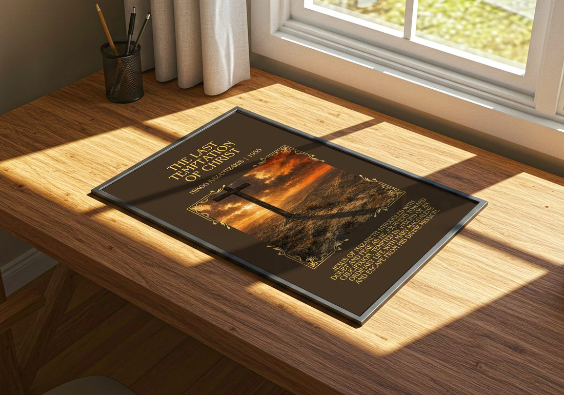 Last Temptation of Christ Minimalist Book Poster by Nikos Kazantzakis – print on a sunlit desk