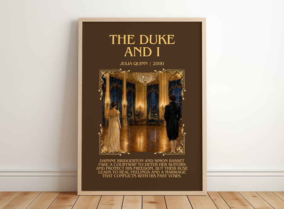 The Duke and I Minimalist Book Poster by Julia Quinn – framed print leaning on a wooden floor