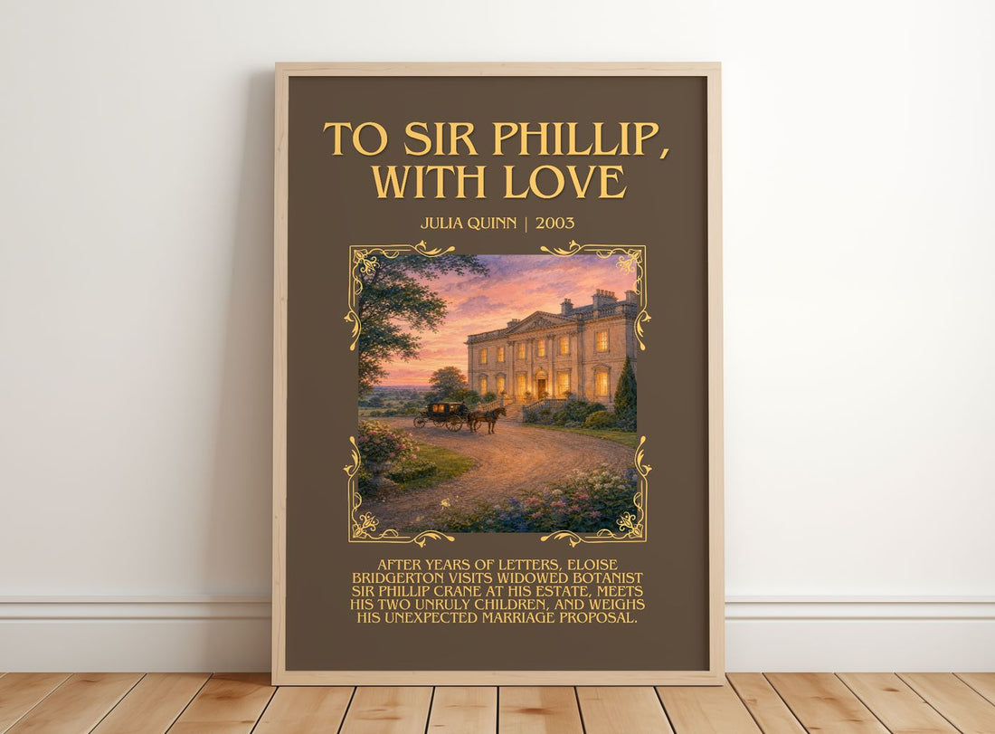 To Sir Phillip, With Love Minimalist Book Poster by Julia Quinn – framed print leaning on a wooden floor