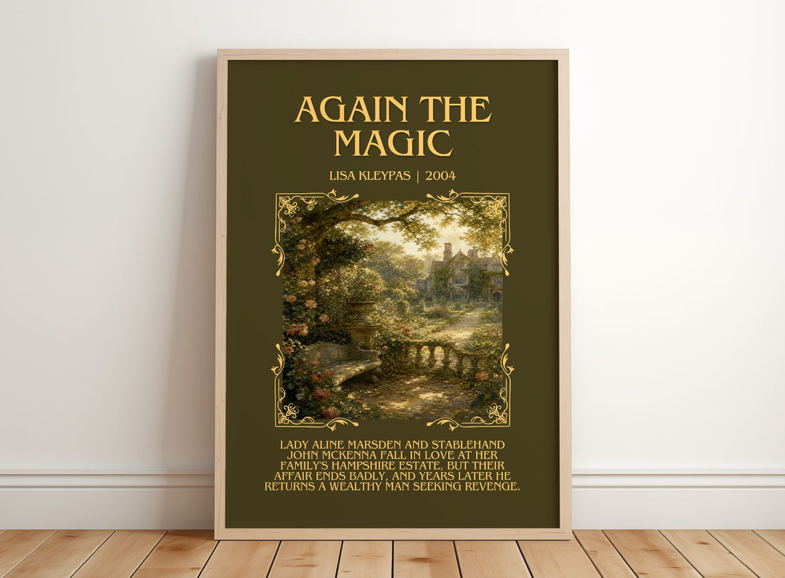Again the Magic Minimalist Book Poster by Lisa Kleypas – framed print leaning on a wooden floor