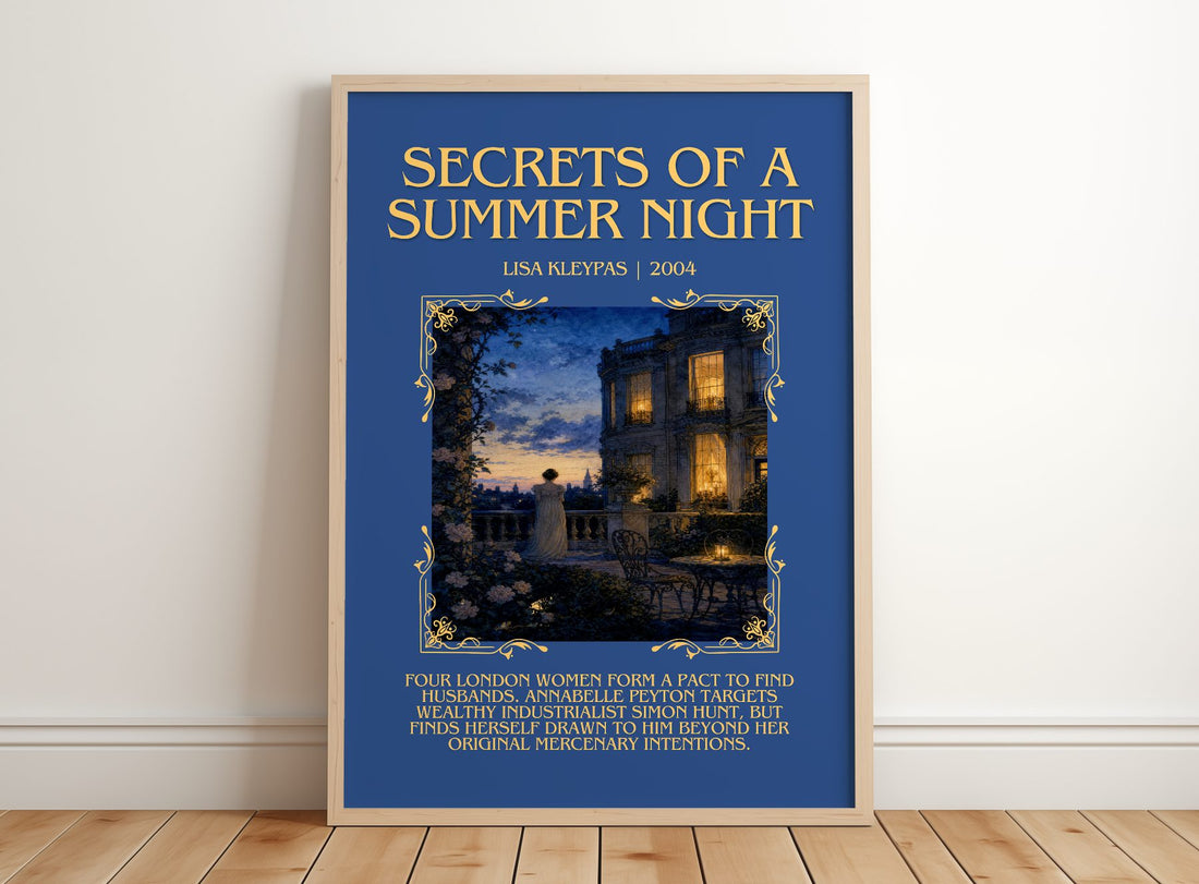 Secrets of a Summer Night Minimalist Book Poster by Lisa Kleypas – framed print leaning on a wooden floor