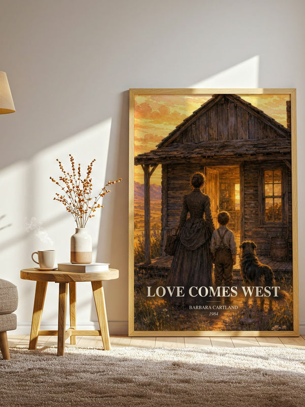 Love Comes West watercolour print in frame leaning in hallway – romance wall art