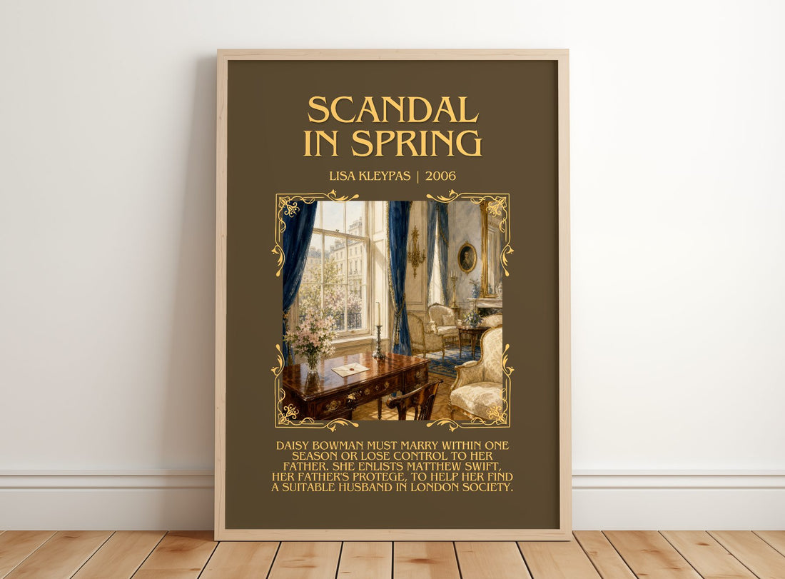 Scandal in Spring Minimalist Book Poster by Lisa Kleypas – framed print leaning on a wooden floor