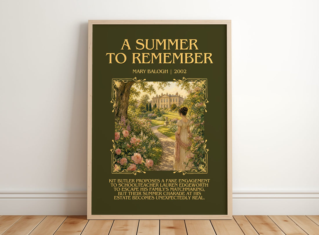 A Summer to Remember Minimalist Book Poster by Mary Balogh – framed print leaning on a wooden floor